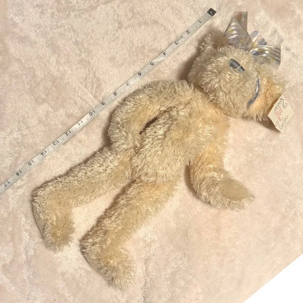 Vintage Progressive Plush Teddy Bear Cream Shaggy Fur Iridescent Bow Handcrafted
